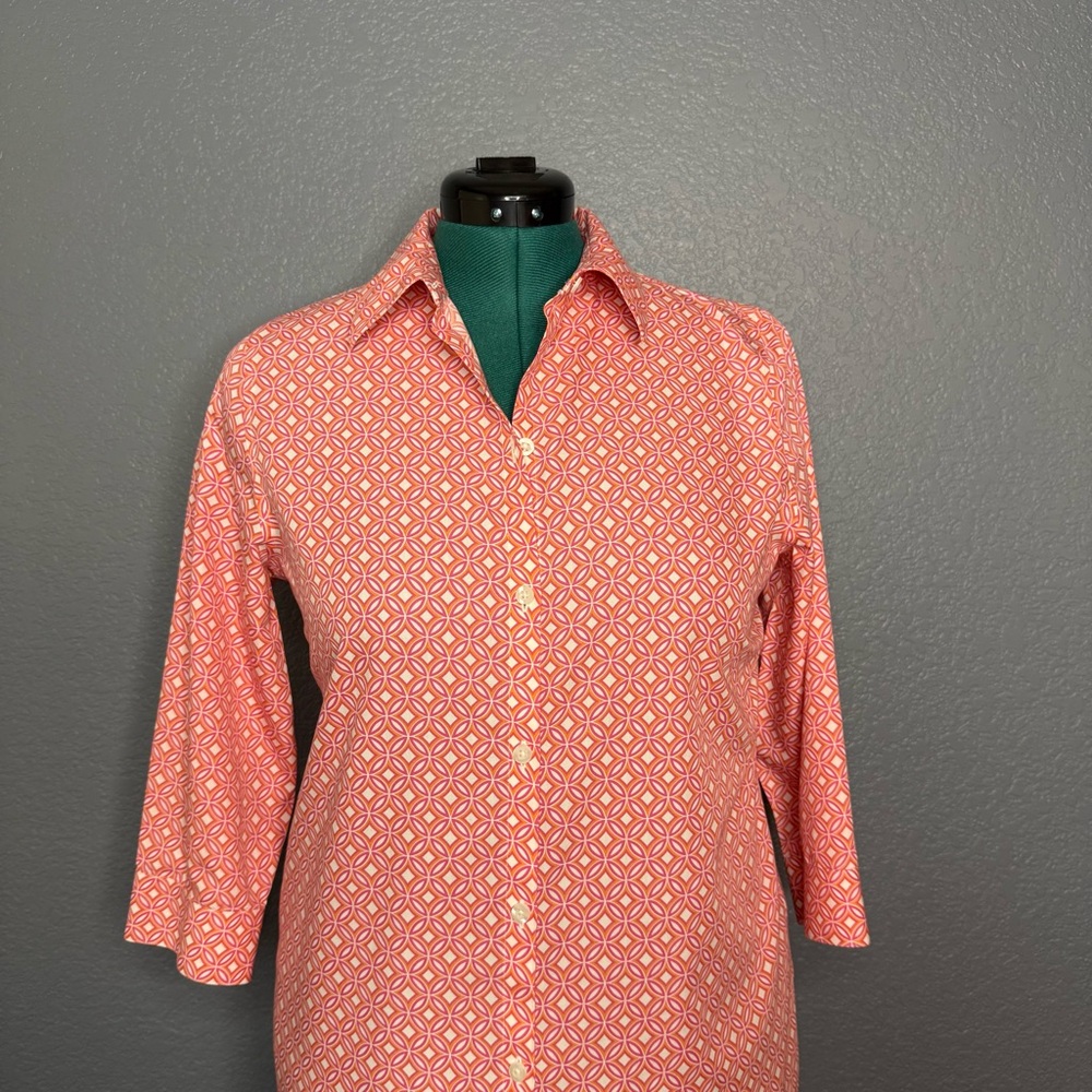 Chico’s No Iron Button Down Shirt Women’s S Pink Orange Print Cotton Wrinkle Fre